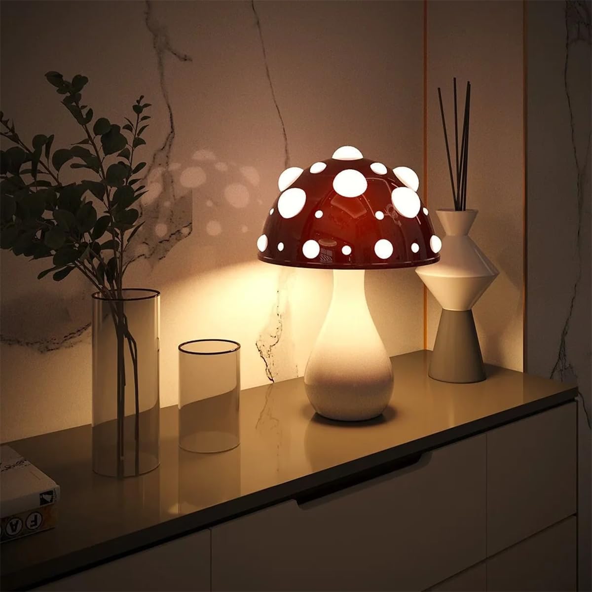 Juodke Mushroom lamp, LED 3 Colors Dimmable Mushroom Cloud Decor Lamp, Aesthetic Room Decor Ambient Glowshroom Lamp, for Bedroom, Living Room, Office (Bulb Included) (Red)