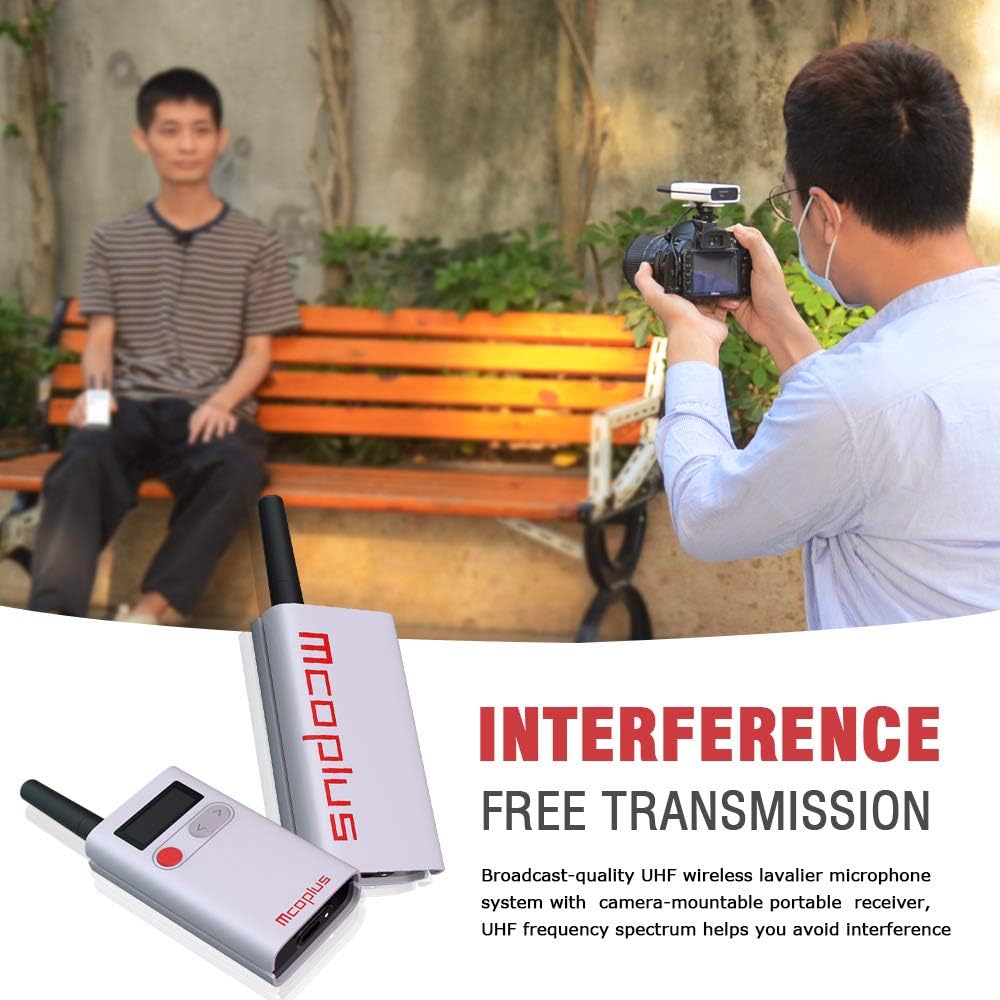 Mcoplus 48 Channel Long Distance Audio Recording Noise Reduction Mic, Wireless Lavalier Microphone System with 1Receiver, 1Transmitters and 1Lapel Mic for Camera, phone, Interview (164 ft Audio Range)