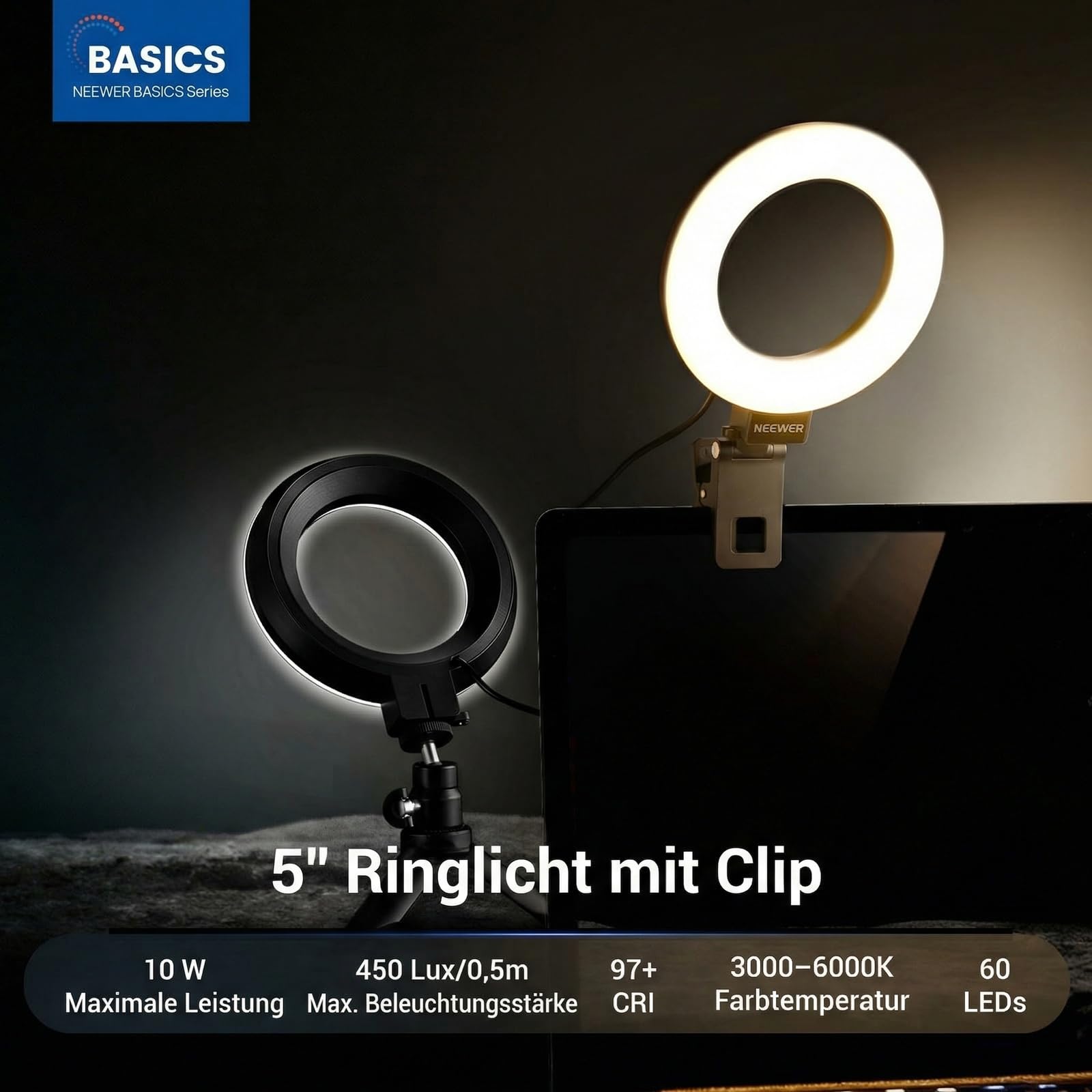NEEWER BASICS 5" Ringlicht mit Klemme und Mini Stativ, 10W 3000k-6000K Dimmbares Ansteckleuchte für Laptop Computer Monitor Videokonferenzen Selfie, Vlog Makeup, Live Streaming, Videoaufnahmen, BR60