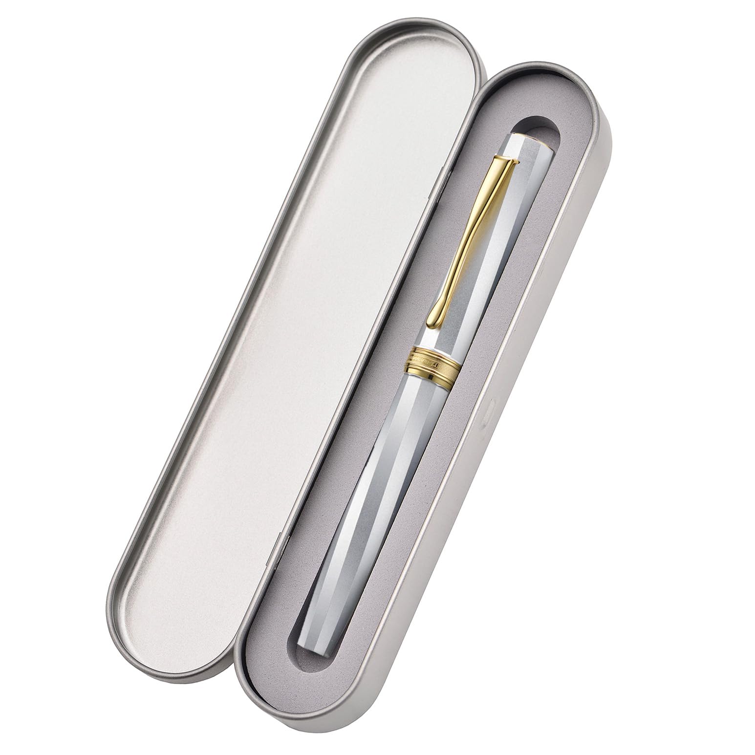 Hong Dian N11 Fountain Pen, Extra Fine Soft Nib Coated in Gold, Platinum Silver and Geometric Twill Design with Metal Case - Image 3