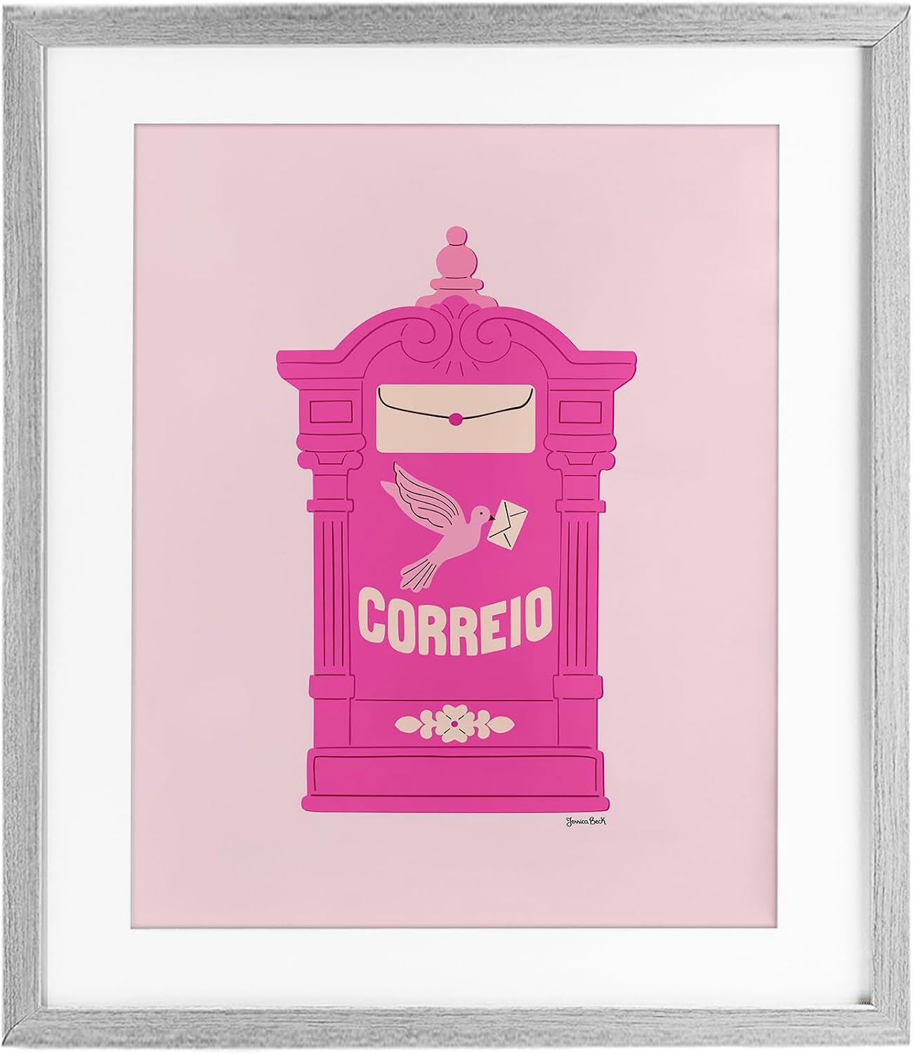 Pink Portuguese Post Mailbox Bird, 13 x 16 Inch Framed Print Under Glass | Stupell Industries · By Jessica Beck · Ready to hang · Great for kitchen or living room · Made in USA