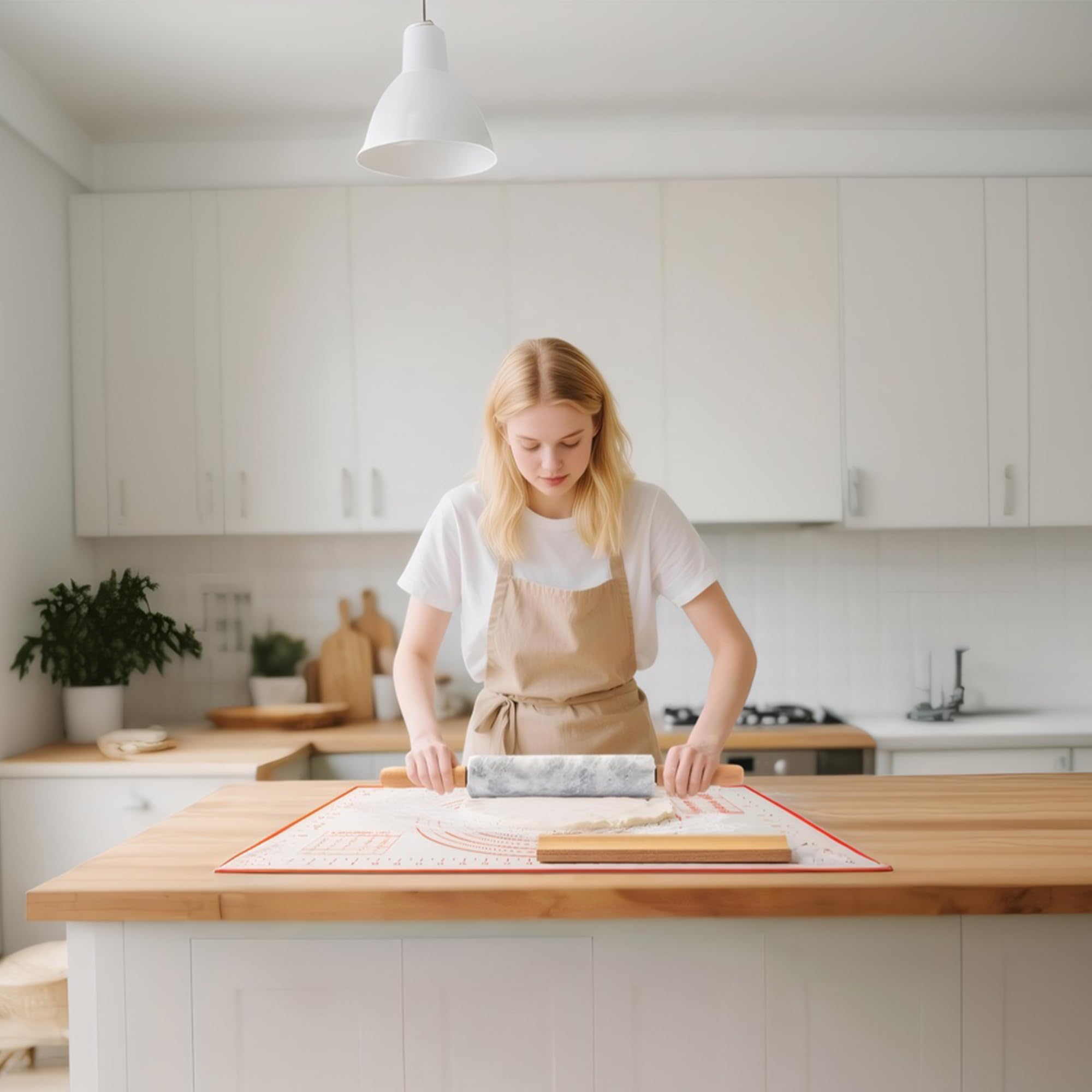 Mattarello in marmo con tappetino in silicone antiaderente e base in legno, rullo per pasta pesante da 42 cm, per crosta di pizza, biscotti, pasta, fondente, pasticceria, superficie lucida