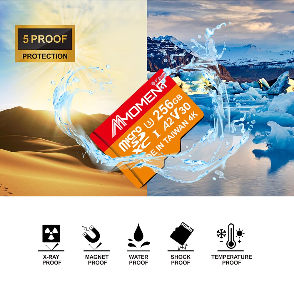 MMOMENT Carte micro SDXC 256 Go, A2, UHS-I, U3, V30, compatible classe 10, vitesse de lecture jusqu'à 160 Mo/s, vitesse d'écriture jusqu'à 120 Mo/s, adaptateur SD inclus