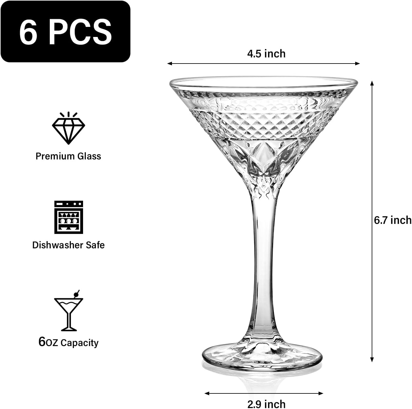 Martini Glasses Set of 6, 6oz Lead-Free Martini Glass, Crystal Cocktail Glassware with Stem, Wine Gifts for Women Men