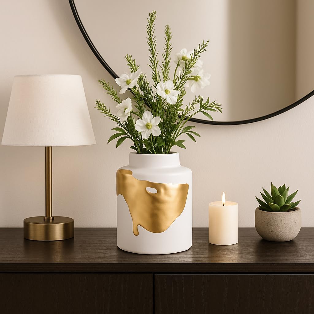 Bold Artistic Vase for Living Room Decor - Stylish Flower Vase for Bedroom Styling, Entryway, or Home Decor - Contemporary Elegant House Decor Vase for Office and Coffee Table Decor - 10" White & Gold