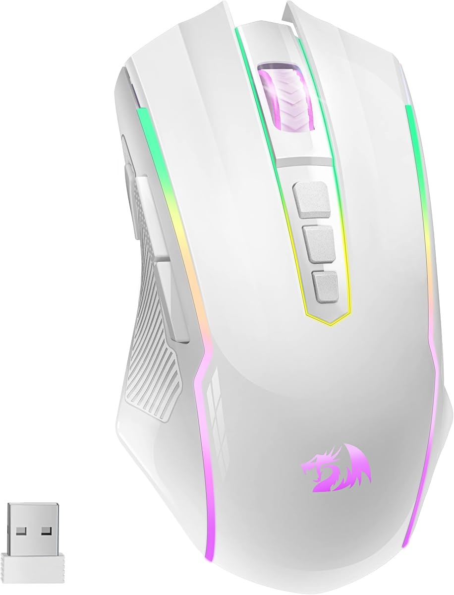 Ratón Inalámbrico para Juegos con Retroiluminación RGB, 8000 DPI, con Botón de Disparo, Edición Macro Programable, 70 Horas para Windows/Mac, Recargable, Blanco, M910-WS