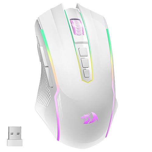 Redragon Gaming Maus Kabellose, RGB Wiederaufladbare Gaming-Maus mit 9 Macro Editing Programmierbare Tasten/8000 DPI, Ergonomische Wireless Gaming Maus, 70Hrs für PC/Mac Gamer, Weiß - Weiß