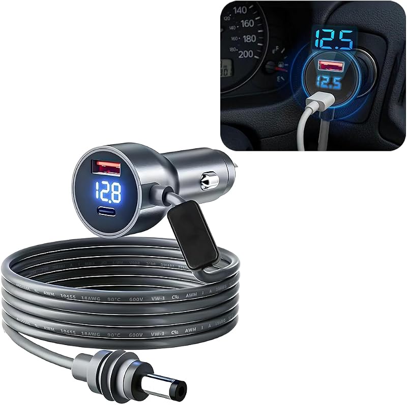 3 in 1 Starlink Mini Car Charger DC Power Cable, 12V 18AWG Waterproof Vehicle Cigarette Lighter Adapter with Digital Display, USB C USB A PD Auto Power Supply, Universal Fit (16FT)