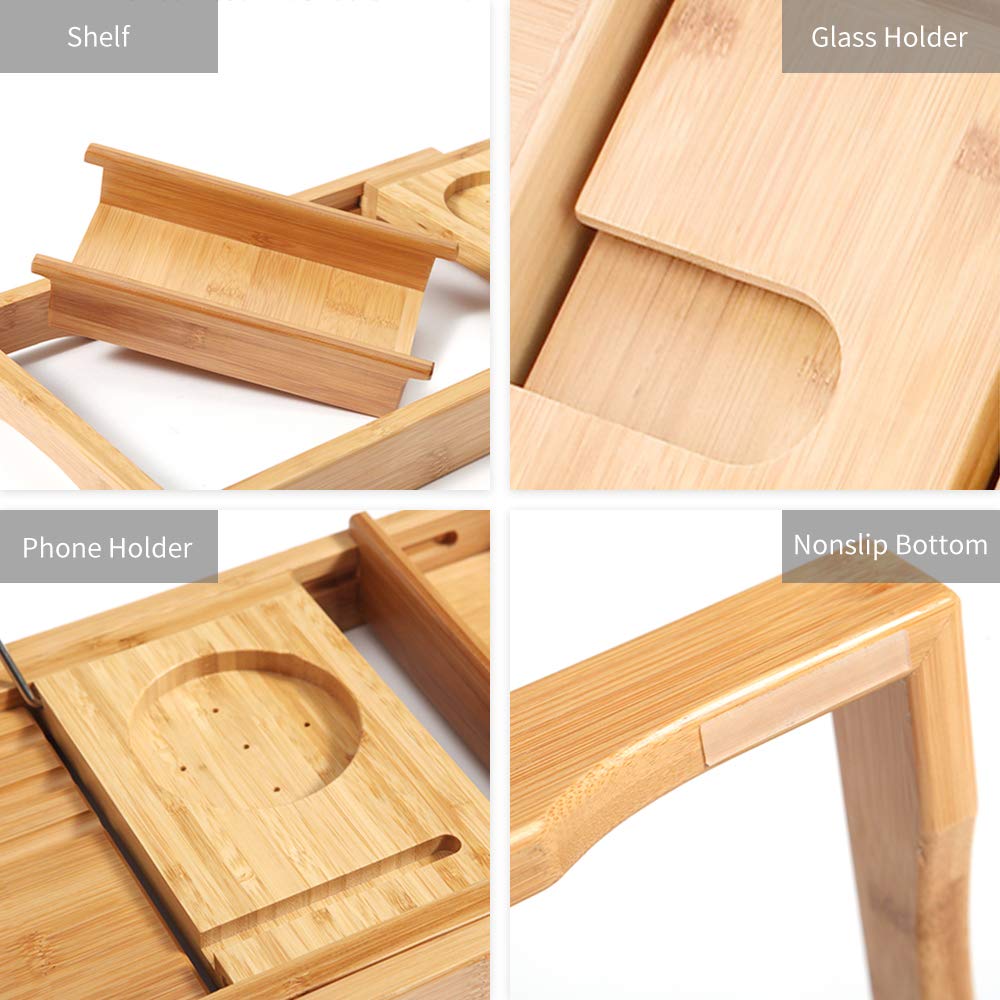 Bandeja de bambú para bañera – Organizador de baño Extensible con agarres Antideslizantes, Patas Plegables, Soporte para teléfono y Vino, Soporte para Libros, Bandeja de SPA de