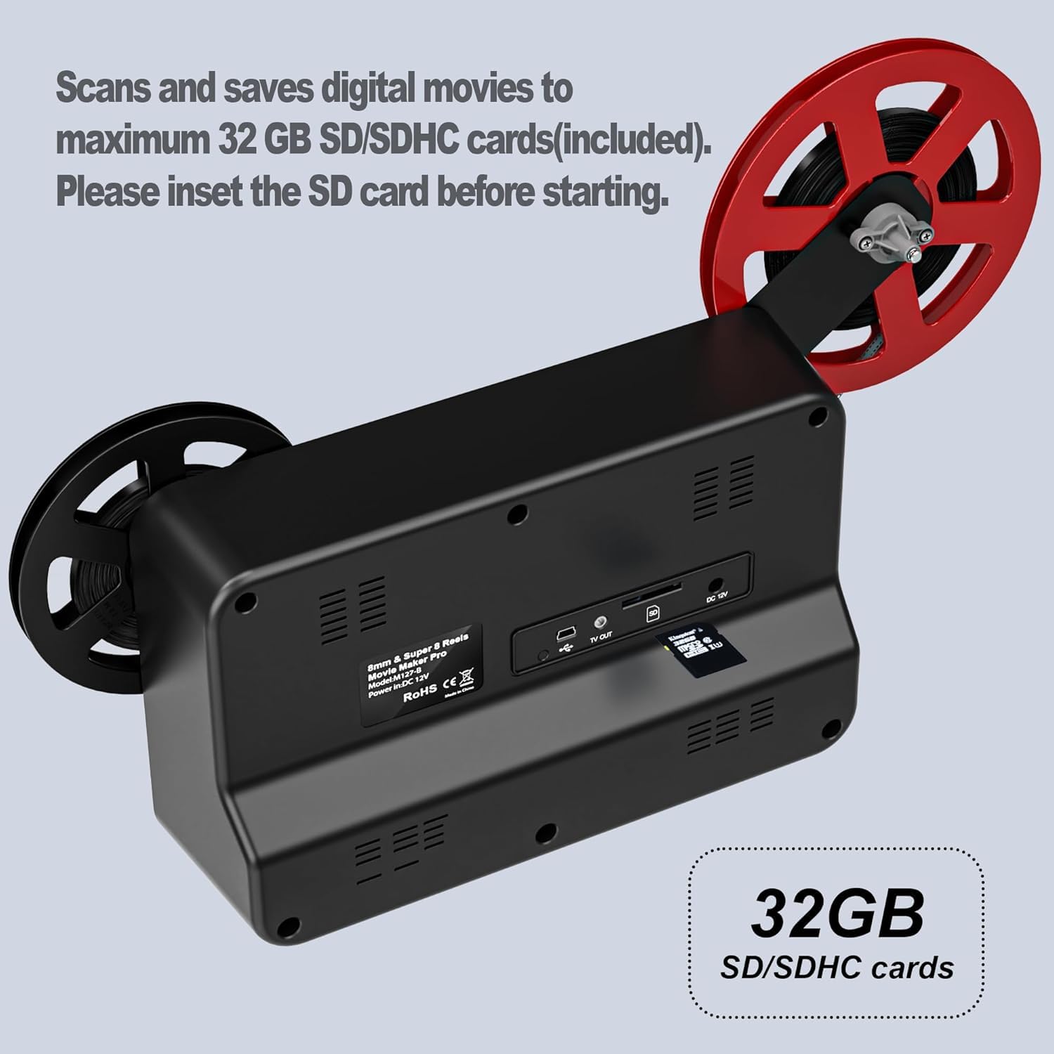 Super-Filmscanner für 8 mm und Super 8 mit 2,4-Zoll-LCD, digitalisiert 8-mm- und Super-8-Filme in 1080P, inkl. 32-GB-SD-Karte