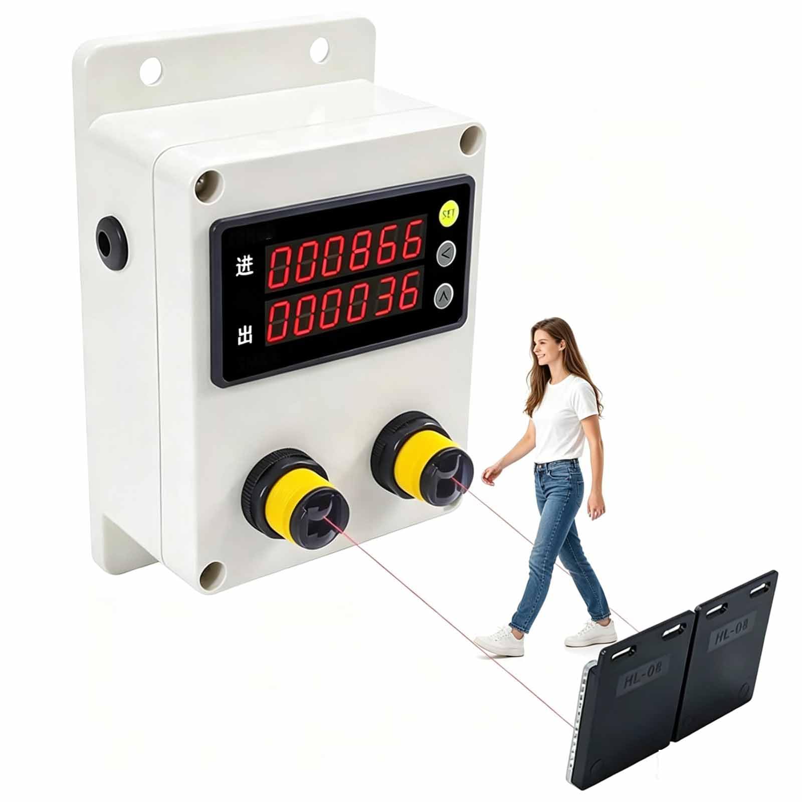 Contatore Visitatori Digitale, Contapersone con Riconoscimento Automatico della Direzione di Ingresso/Uscita, Conteggio 0-99999, Distanza Rilevamento 3m, per Musei, Supermercati