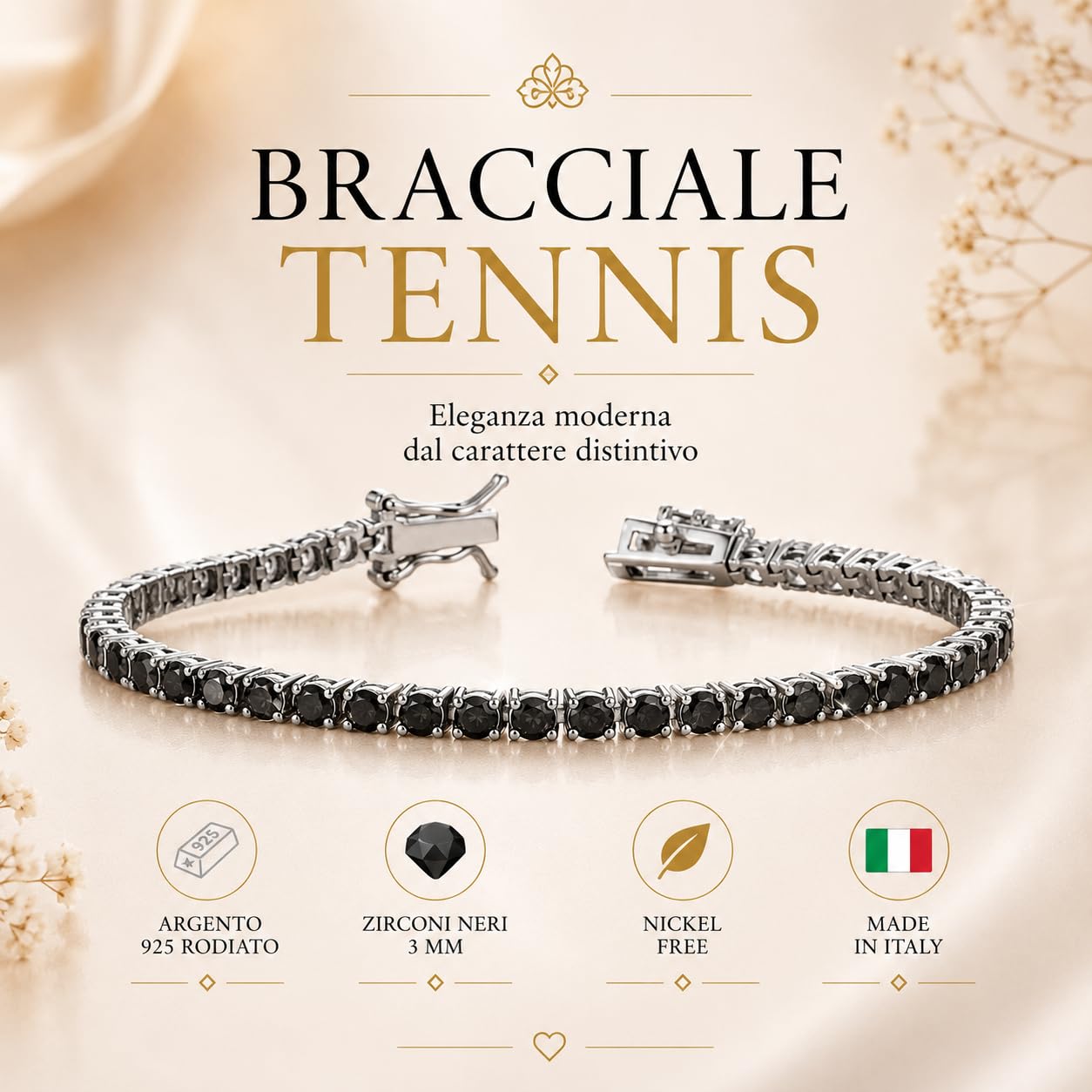 Donipreziosi Bracciale Tennis in Argento 925 Rodiato con Zirconi, Made in Italy - Taglio Brillante 3 mm – Gioiello Unisex Uomo Donna Nickel Free – Varie Lunghezze