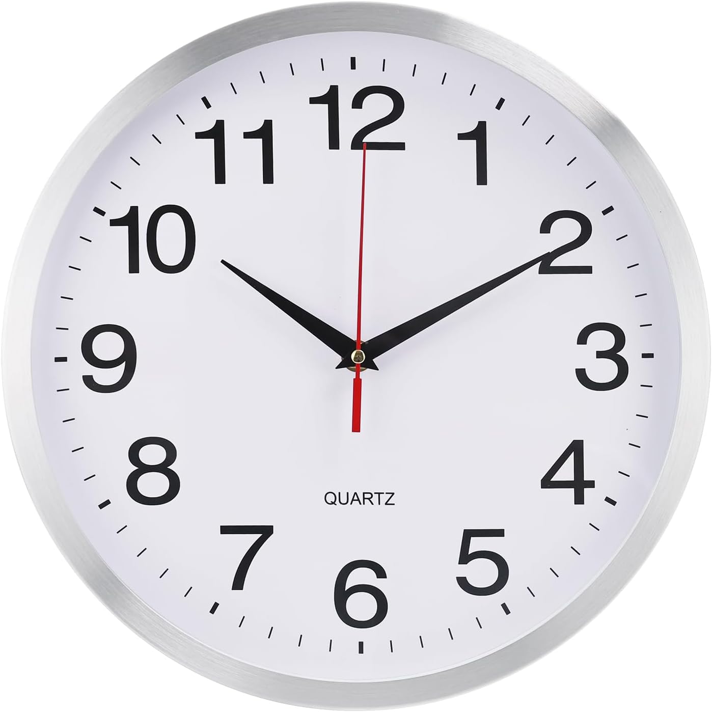 Wall Clock Metal Frame Silent Non-Ticking Round Indoor Clock Analog Battery Operated Modern Stainless Steel Wall Clocks for Office, Hotel, Bedroom, Living Room (Silver-Metal Frame, 12inch)