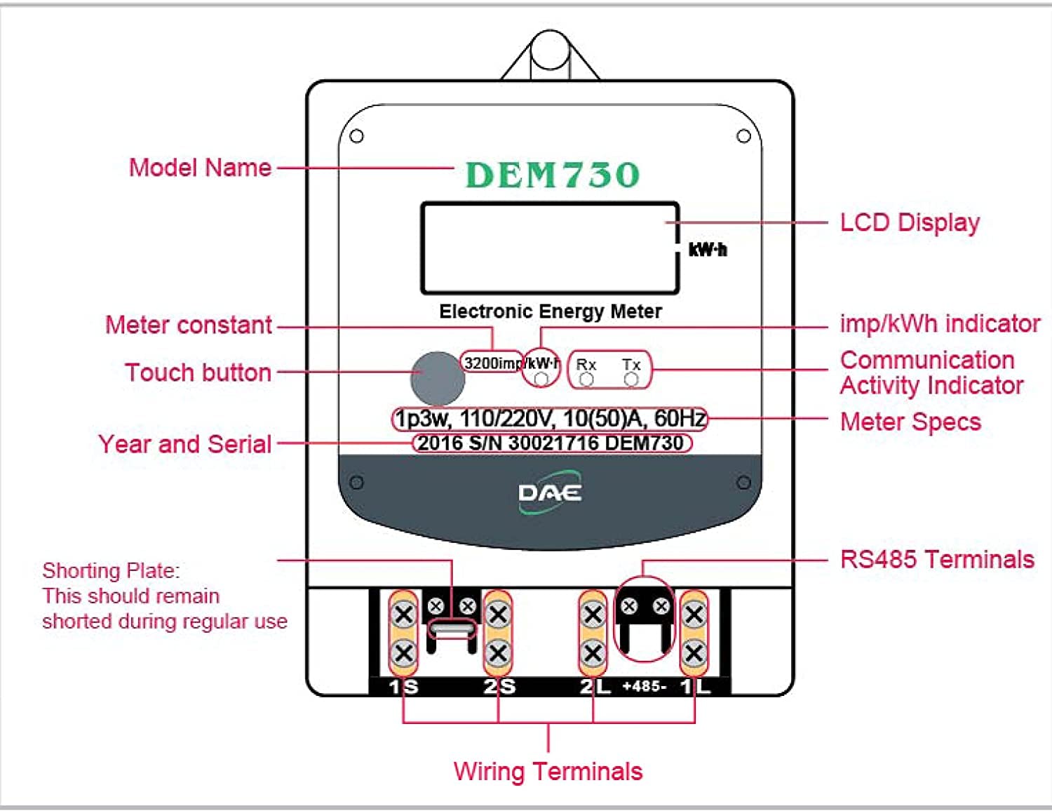 DAE DEM730P Electric kWh Submeter, RS485, 1P3W (2 Hot wire, 1 Neutral), 120/240V, 50A, Internal CT