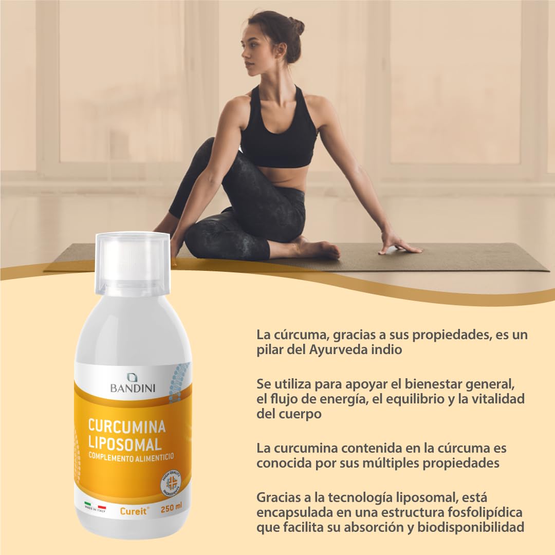 Bandini® Curcumina Cureit® Liposomal líquida 250 ml | 200 mg de curcumin por dosis diaria | Alta Dosis y biodisponibilidad | Suplemento alimenticio Antioxidante natural | Curcuma liposomada | Vegano