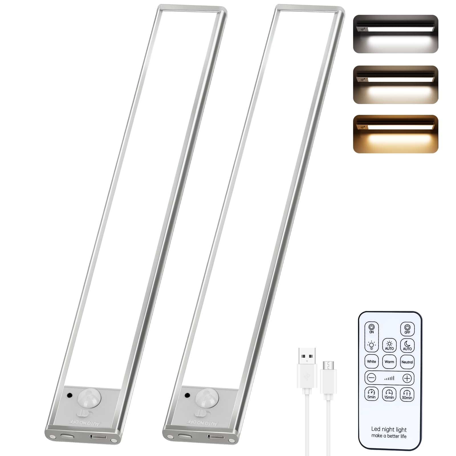 30cm Unterbauleuchte Küche LED, 2 Stück Schrankbeleuchtung mit Bewegungsmelder Fernbedienung, 1800mAh USB Wiederaufladbar Schranklicht, 3 Farbmodi Magnetische Lichtleiste für Schrank, Kleiderschrank