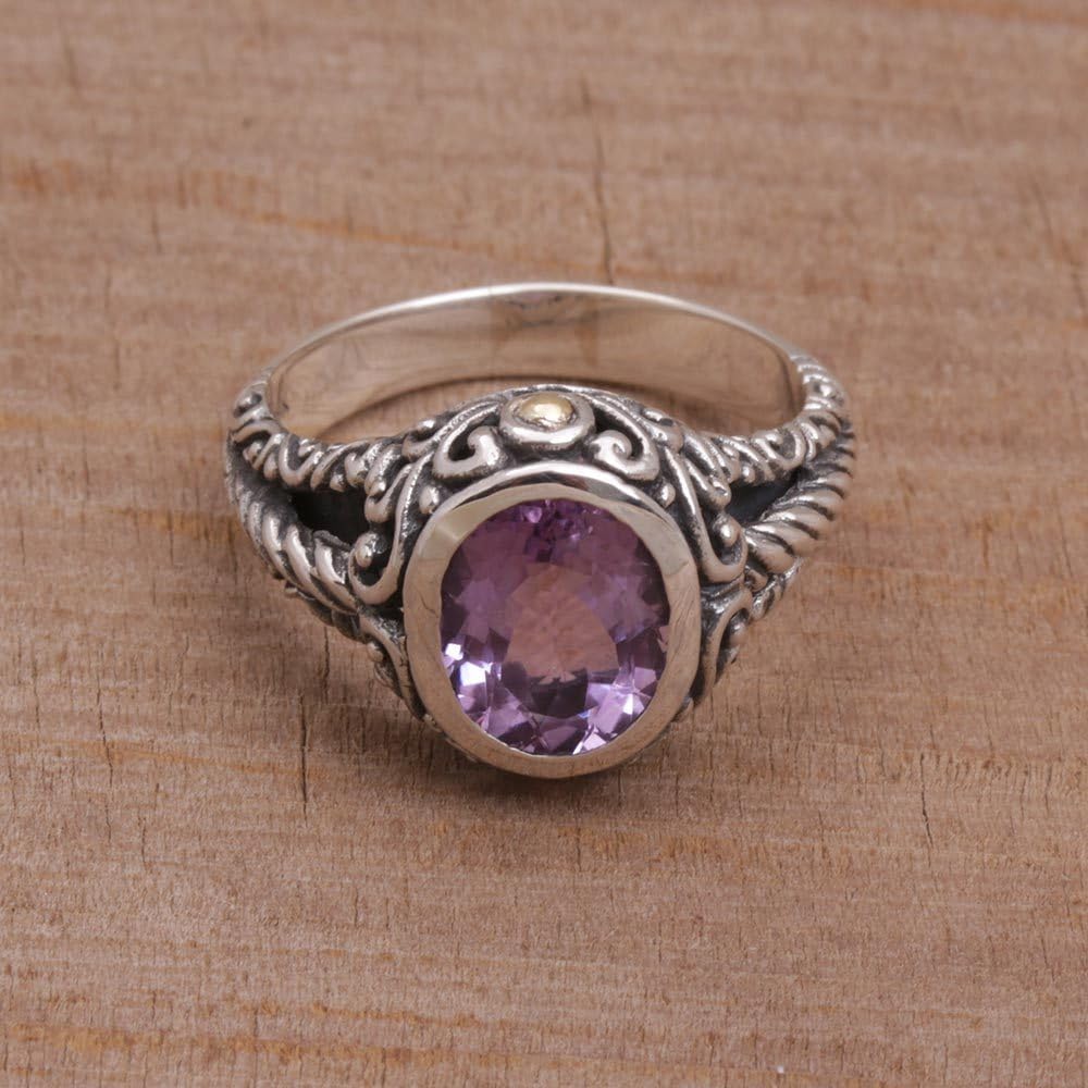 NOVICA Artisan Handmade Amethyst 18k Gold Accent Single Stone Ring .925 Sterling Silver Indonesia Gemstone Birthstone 'Princess of Vines'