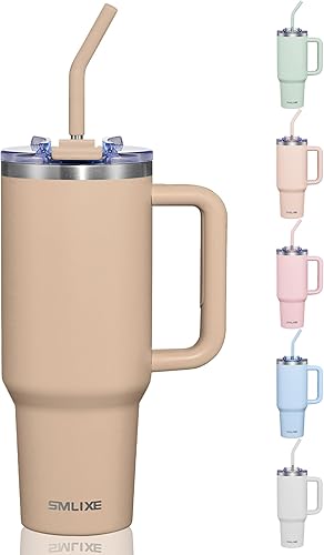 Vista 13 de COKTIK - Vaso de 40 onzas con asa y tapa con pajita, taza de café de viaje con aislamiento al vacío de acero inoxidable aislada para bebidas, a Beige