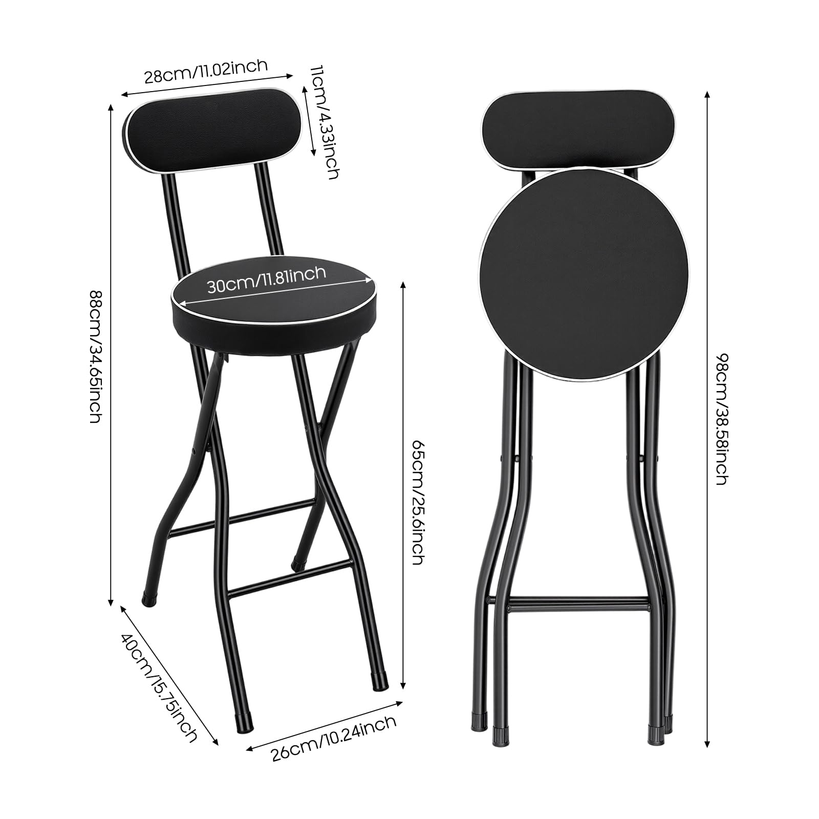 Klappbar Barhocker 2er Set mit Lehne Tragbarer Outdoor Barhocker HochstüHle Gepolsterter Barstuhl, Klappbarer Hocker für Bar, Küche, Balkon, Garten Sitzhöhe 65 cm (Schwarz)
