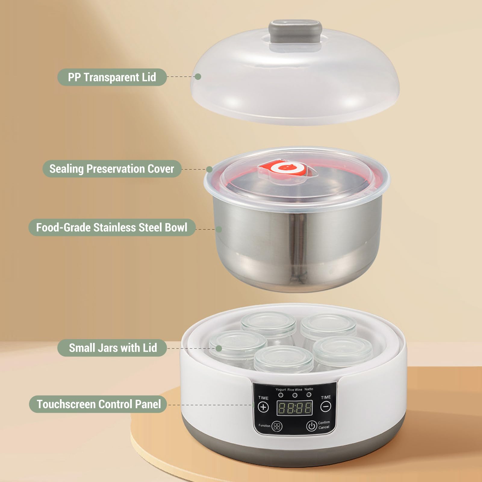 Elektryczna maszyna do robienia jogurtu, 1,2 l domowy jogurt Natto Maker, domowy inkubator do jogurtu ze szklanym słoikiem i wkładką ze stali nierdzewnej, do domowego (Wtyczka UE