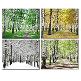 iLOOKLiKE 4pcs Birch Trees Forest Canvas Wall Art Four Season Landscape Painting Fall Autumn Winter
