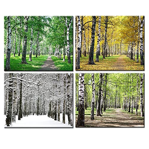Ilooklike 4Pcs Birch Trees Forest Canvas Wall Art Four Season Landscape Painting Fall Autumn Winter Picture Prints Nature Scenery For Bathroom Bedroom Wall Decor 12X16Inch Each Panel #TOP7