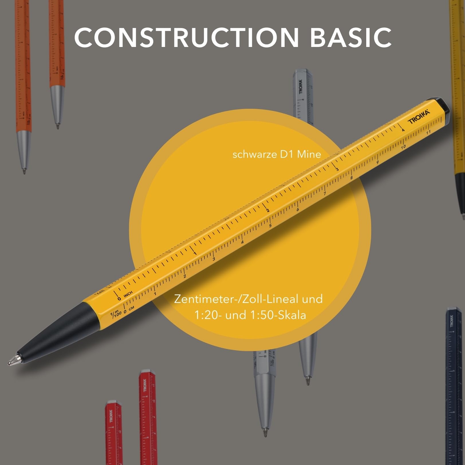 Troika Multitasking ballpoint pen with black D1 refill, CONSTRUCTION BASIC, centimetre/inch ruler, 1:20/1:50 scale - Image 2