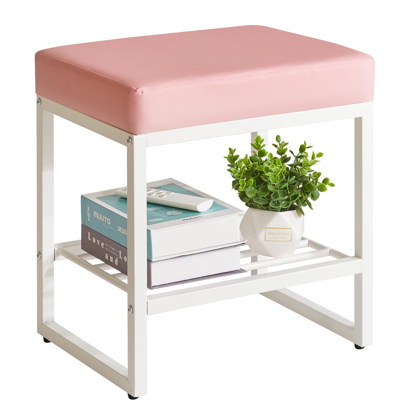 Square Makeup Stool, Ottoman Stool, PU Seat Footrest Stool, Multipurpose Side Table, Bedroom, Living Room, Pink YD-JD150P