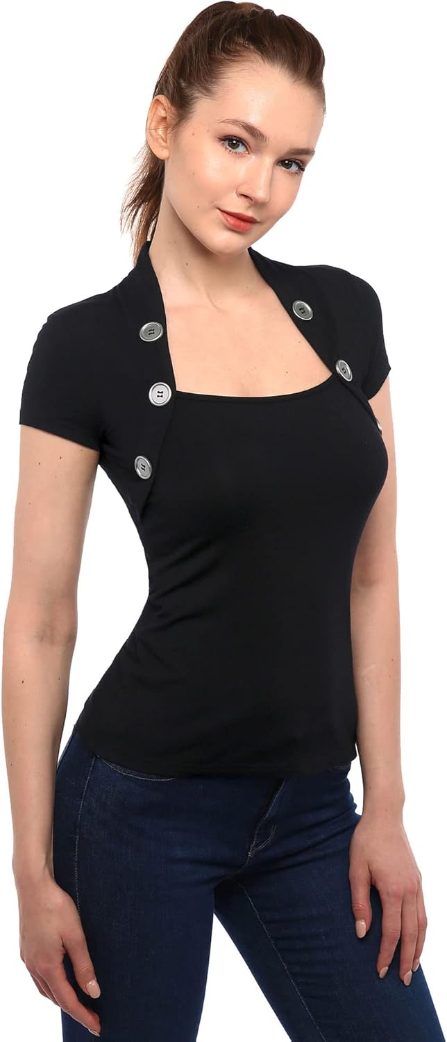 AmélieBoutik Women Bolero Style Button Embellished Short Sleeve Blouse Top - Image 4