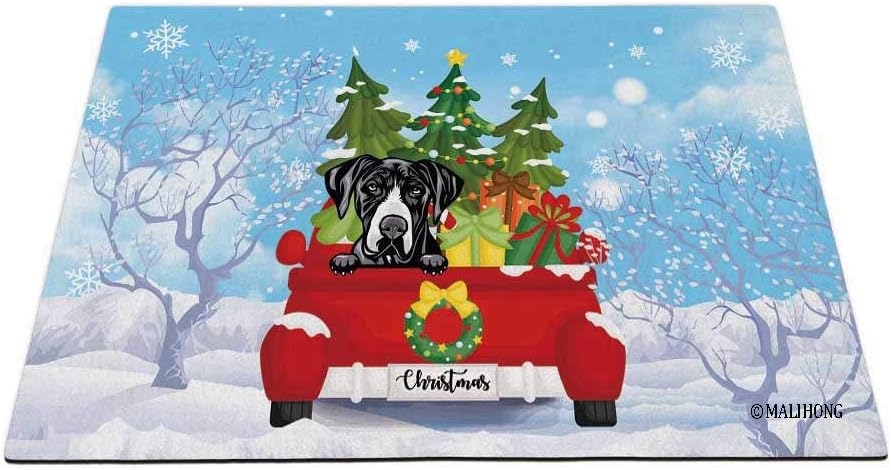 Happy Winter Dog Doormat Peeking Dog Great Dane in Red Retro Truck Snowflake Christmas Mat for Home Decor 23.6 x 15.7 Inch