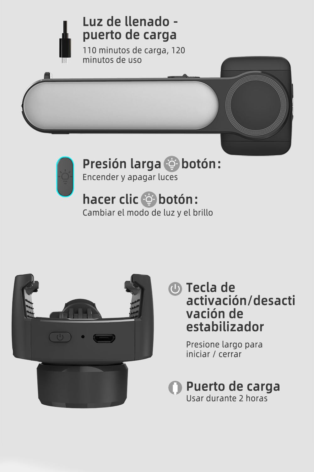 Estabilizador de Movil, Estabilizador de Cardán con Luz de Relleno para Video de Vlog/Youtube/TikTok con Inalámbrico rotación automática de 360°,para Android y iOS