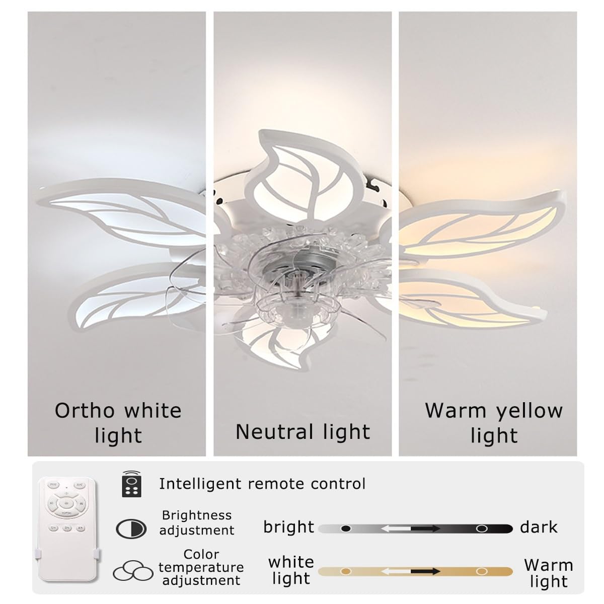 CUNTO Ventilatore da soffitto semplice con telecomando, ventilatore elettrico silenzioso con luce nascosta con 3 velocità del vento e LED dimmerabile a 3 colori, per soggiorno camera da letto