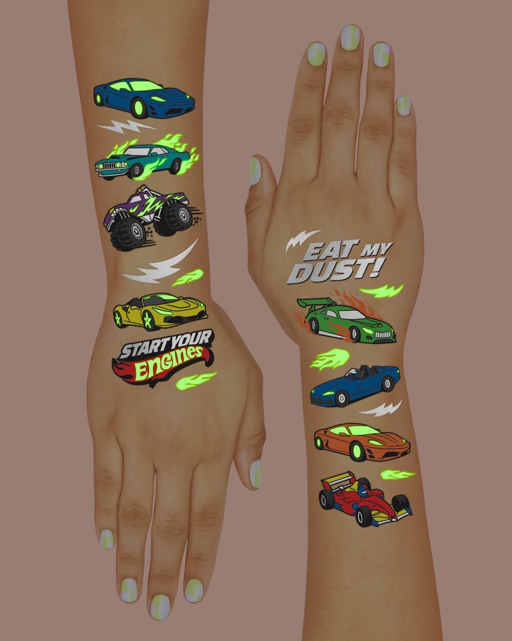 xo, Fetti Cars Glow in Dark Temporary Tattoos - 42 pcs | Monster Truck Birthday Party Supplies, Race Car Favors Decorations