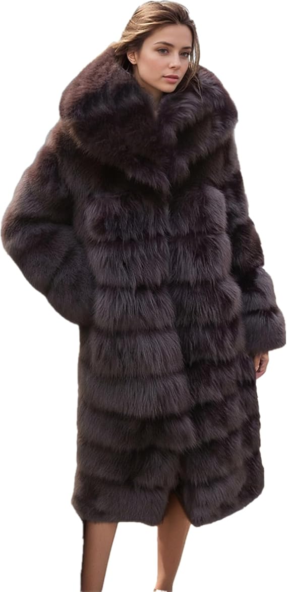 Lion 's Faux Fur Long Coat Winter Fox Fur-Like Parka With Pockets