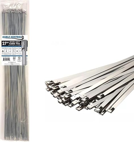 Kable Kontrol Metal Zip Ties 27 Inch 100 Pcs, 200 Lbs Tensile Strength, Self-locking Multi-Purpose 304 Stainless Steel Heavy Duty Cable Ties Ideal for Exhaust Wrap, Outdoor and Indoor Use