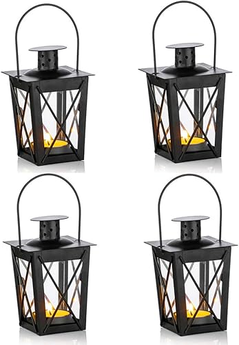 4 mini faroles decorativos de metal negro vintage para velas y candelabros LED para decoración para fiestas de cumpleaños, bodas, centros de mesa