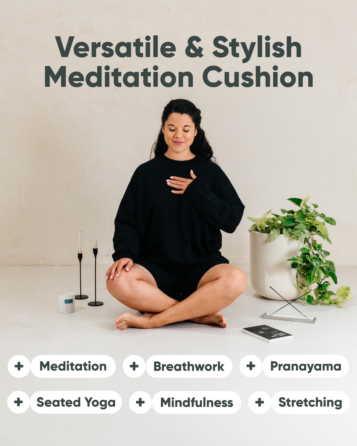 Mindful & Modern - Cojín de meditación grande para yoga Zafu, color negro