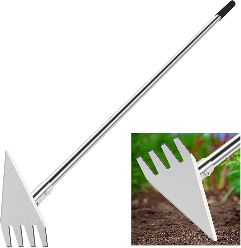 Herramienta de jardín con azada, azada de jardín y rastrillo de malezas 2 en 1, mango largo ajustable de 29.5 a 57.7 pulgadas, cultivador de acero inoxidable para desmalezar, cavar, aflojar el suelo, plantar y eliminar raíces