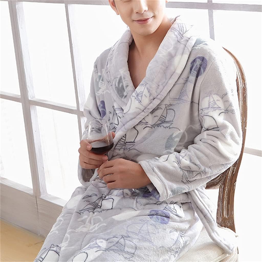 Bathrobe Men's Autumn and Winter Thickened Warm Flannel Men's Casual Loose Long Men's Pajamas Home Service(3XL Code)