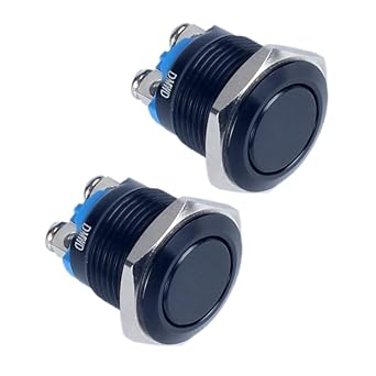 2-Pack 16mm Metal Momentary Push Button Switch Waterproof IP66 Anti-Vandal Screw Terminals 12V 24V 36V DC 110V 250V AC 5A 1NO ON-Off 5/8" Mounting Hole Black Shell Flat Head