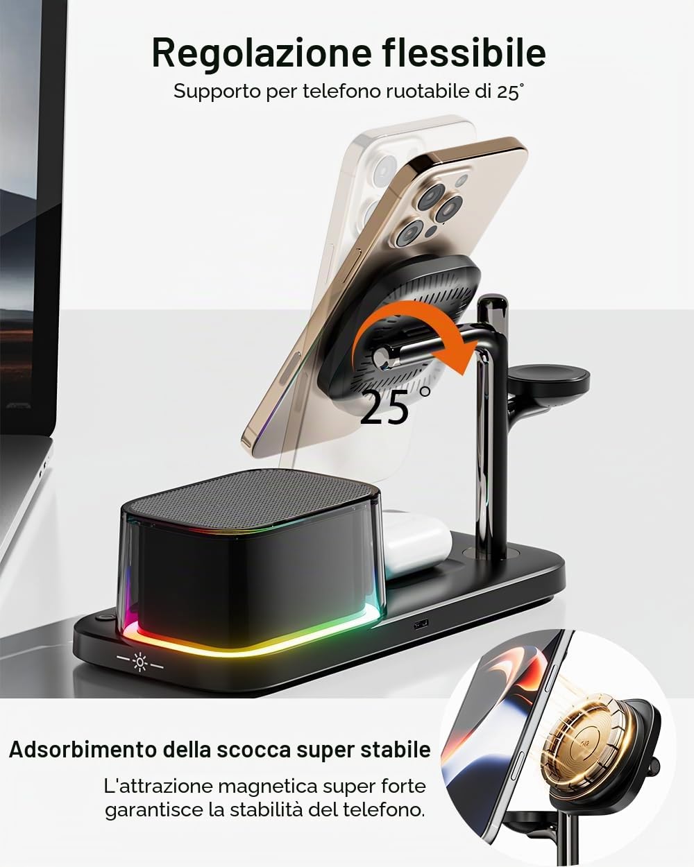 45W for Apple MagSafe Charger Stand 5 in 1, Qi2.2 25W Magnetic Wireless Charger Fast Charging Station, Alarm Clock Speaker Night Light, Charging Dock for iPhone 17 16, 5W Apple Watch 11 Ultra