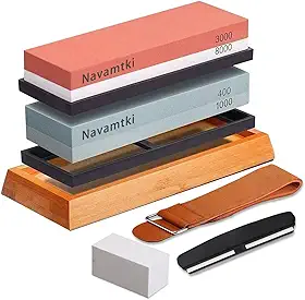 Kit de Pedra de Amolar para Afiar Facas - Conjunto Completo com Pedras 400/1000 e 3000/8000, Base de Bambu Antiderrapante - Ideal para Facas, Tesouras e Ferramentas de Corte