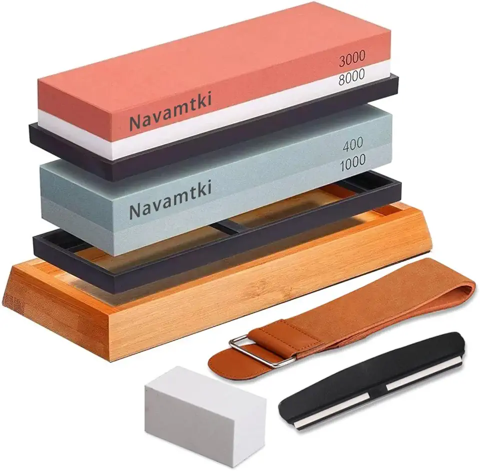 Kit de Pedra de Amolar para Afiar Facas - Conjunto Completo com Pedras 400/1000 e 3000/8000, Base de Bambu Antiderrapante - Ideal para Facas, Tesouras e Ferramentas de Corte