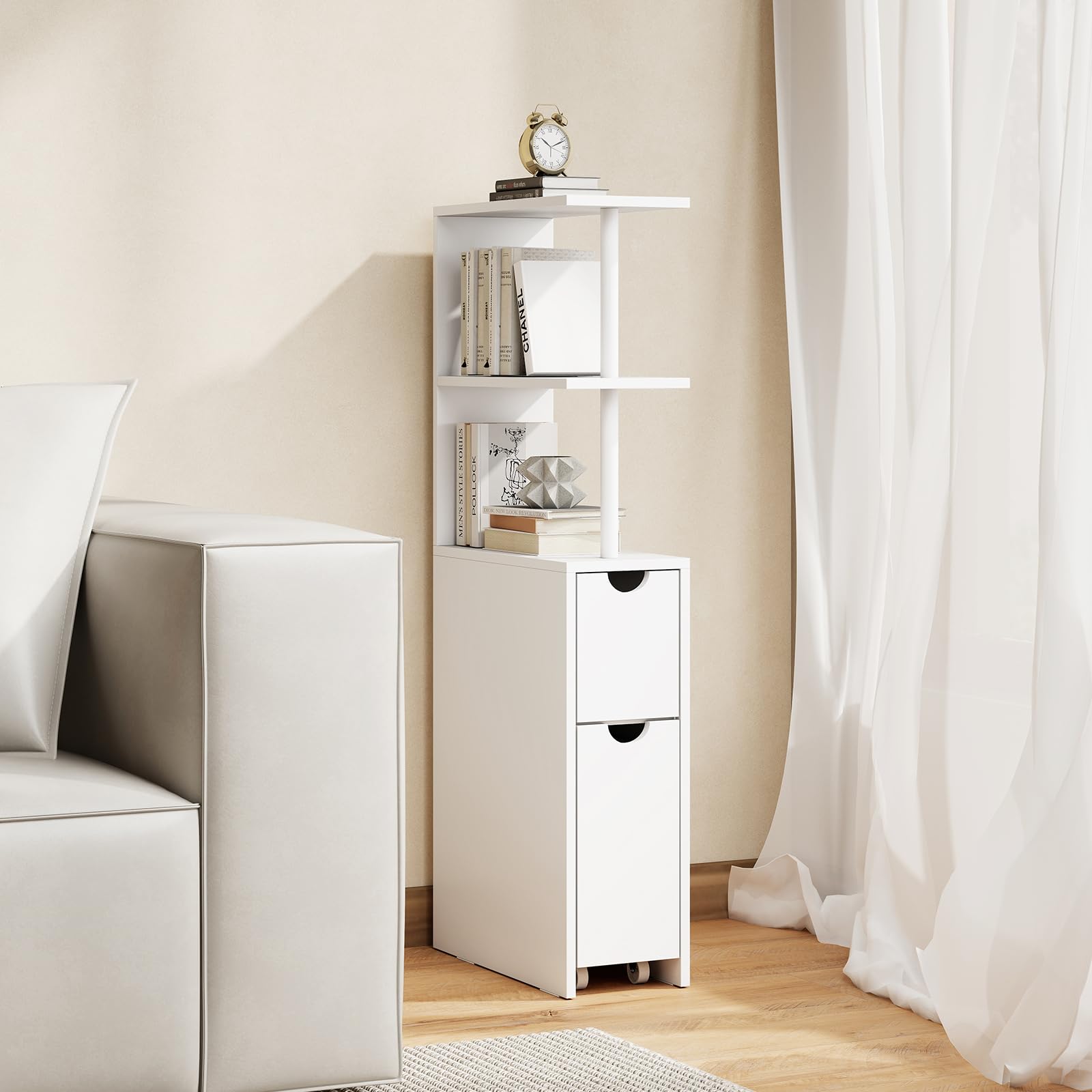COSTWAY Mobile da Bagno Salvaspazio, Mobiletto Stretto e Autoportante con Ripiani Aperti, Cassetto Scorrevole e Carrello Estraibile, Mobiletto a Terra in Legno per Cucina, 45 × 20 × 114 cm