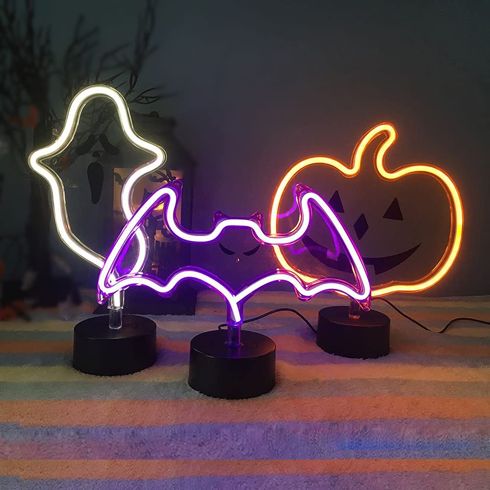 Halloween Décor Cute Ghost Neon Sign, Spooky White Ghost Table Decor, USB or Battery Powered Halloween Neon Light for Bedoom,Kitchen,Halloween Party Decorations