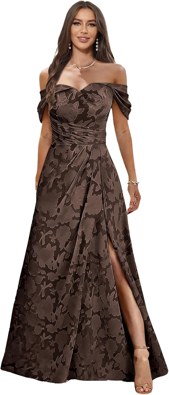 Off Shoulder Bridesmaid Dresses for Women Jacquard Aline Prom Formal Evening Gowns with Slit