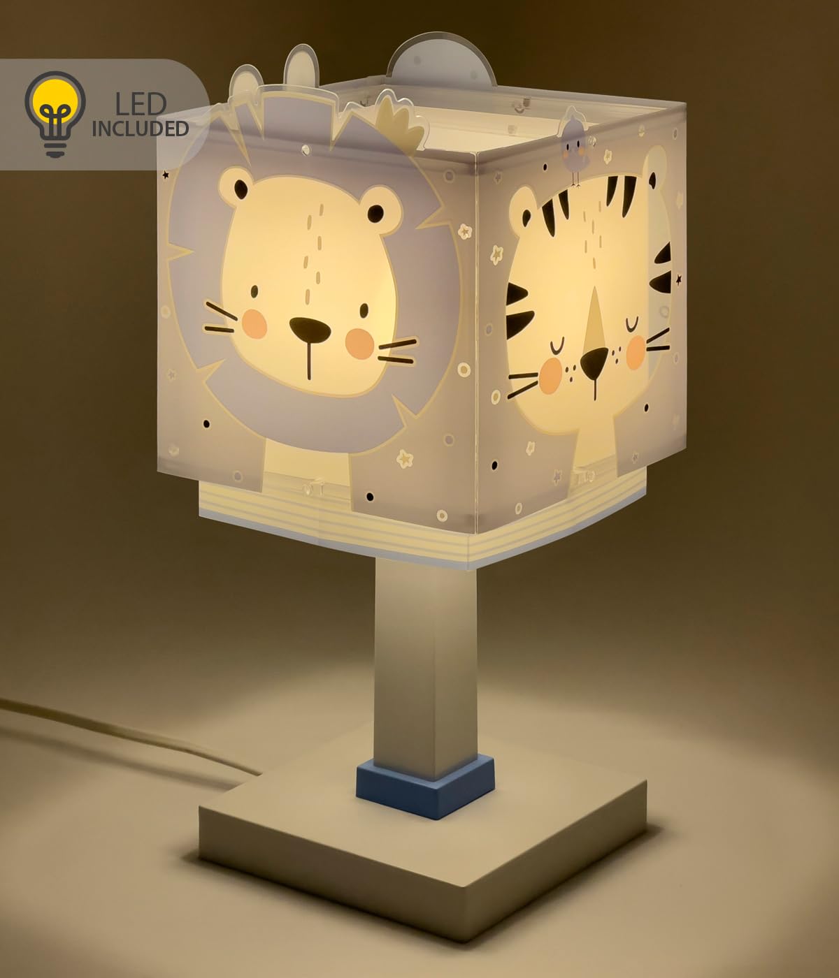 Dalber Lámpara Infantil de Mesilla Animales Azul 63111NT G4 | Lámpara infantil de mesa o mesita; animales jungla; G4 4W LED - Bombilla incluida; Luz Quitamiedos
