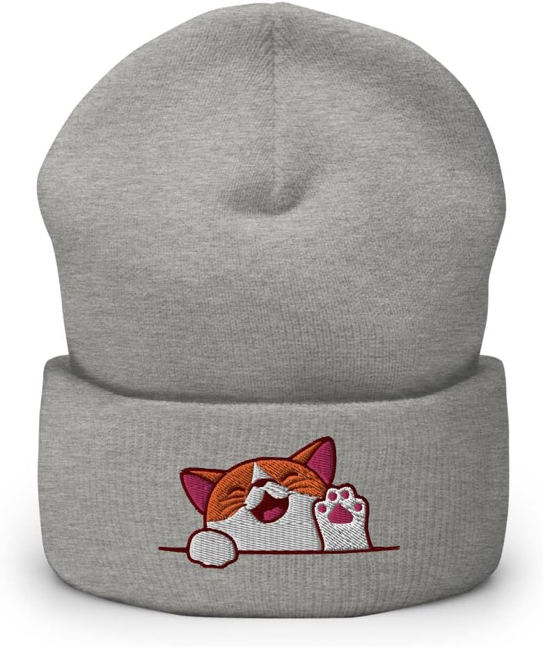 Waving Cat Beanie Unisex Adult Embroidered Cuffed