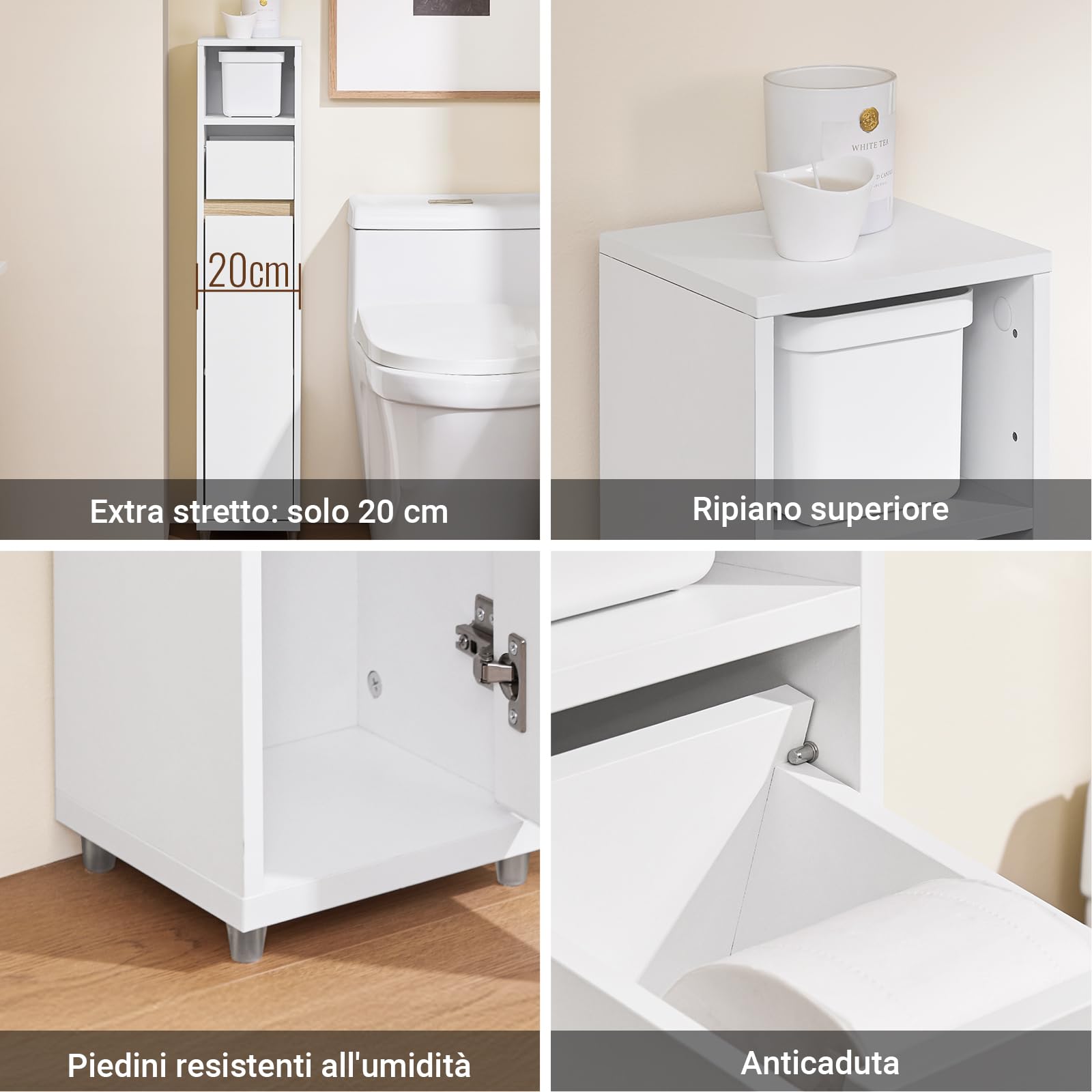 SoBuy Mobiletto Bagno Salvaspazio Colonna Stretta Armadietto Bagno con Cassetto & Ripiano Regolabile per Spazi Stretti WC Piccoli Bianco 20x20x96cm BZR151-W