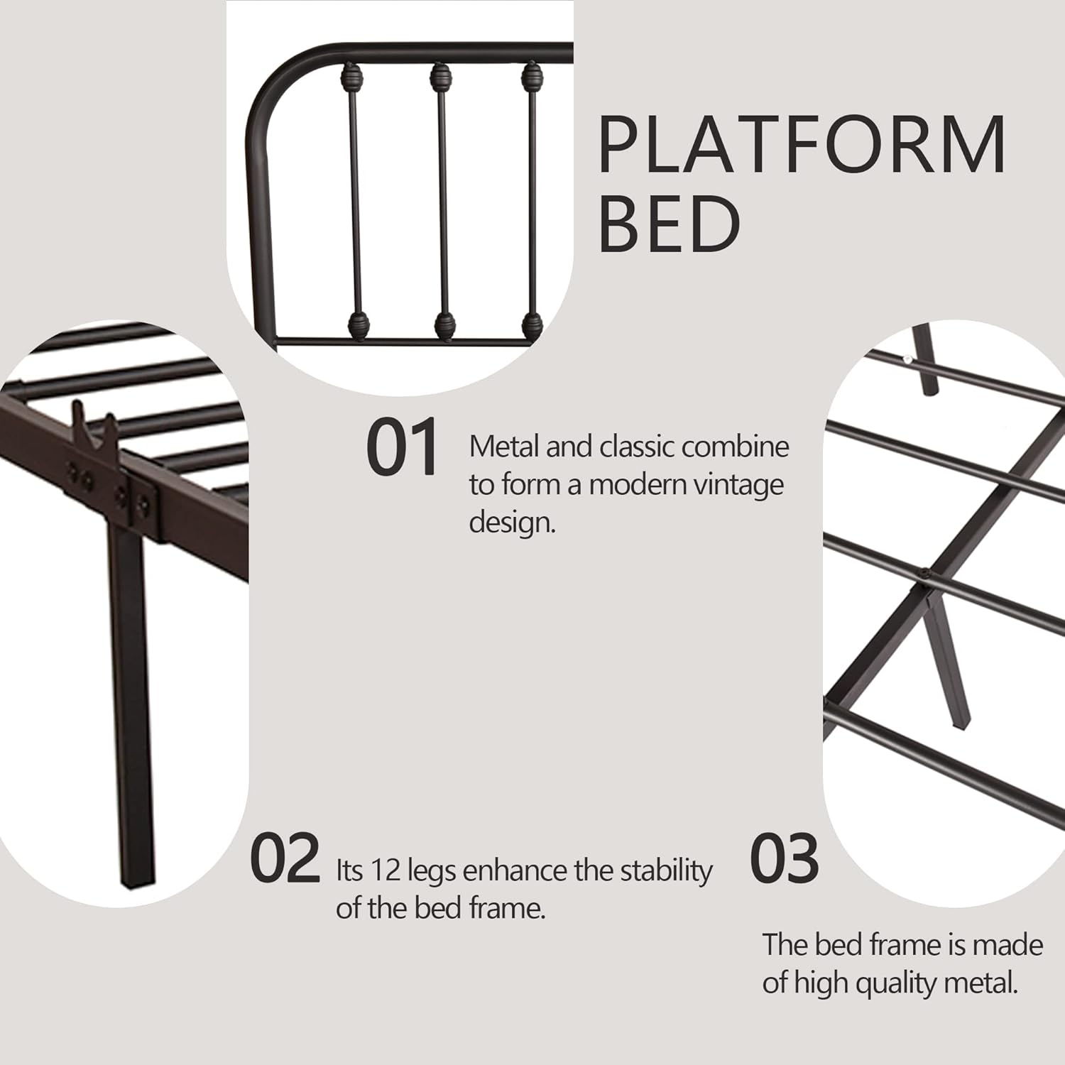 RYR Metal Platform Queen Size Bed Frame with Headboard Footboard,Sturdy Steel Slat Support No Box Spring Required Easy Assembly Black